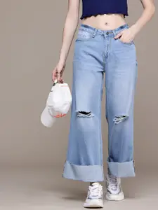 The Roadster Life Co. Women Wide Leg High-Rise Mildly Distressed Heavy Fade Jeans