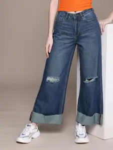 The Roadster Life Co. Women Wide Leg High-Rise Highly Distressed Light Fade Jeans