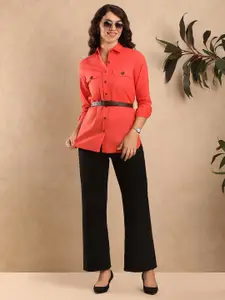 Gazillion Women Solid Spread Collar Cotton Casual Shirt Comes with Leather Belt