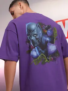 HIGHLANDER Men Black Panther Printed Oversized Drop Shoulder Sleeves Cotton Tshirt