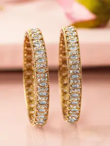 Rubans Set of 2 18 K Mehandi Gold-Plated Bangles with Cubic Zirconia & White Stone Details