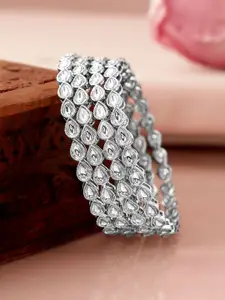 Rubans Set of 4 Rhodium-Plated Crystal White Kundan & Cubic Zirconia Studded Bangle