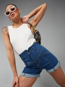 DOLCE CRUDO Women Relaxed-Fit High-Rise Clean-Look Stretchable Denim Shorts