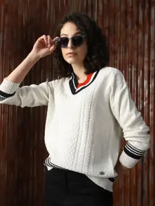 High Star Women Longline Cabel knit Varsity V Neck Pullover