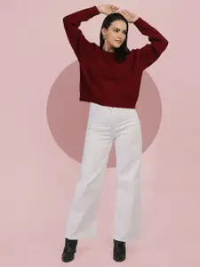 The Roadster Lifestyle Co Women Woollen Round Neck Crop Pullover Sweater