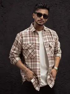 Powerlook Men Spread Collar Tartan Checked Cotton Casual Shirt