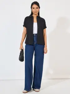 Styli Women Spread Collar Solid Cotton Casual Shirt