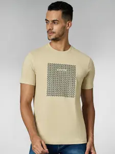 LOUIS STITCH Men Super Combed Cotton Cream Regular Fit Round Neck T-Shirt