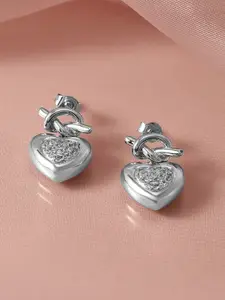 Rubans Rhodium Plated Heart Knot Design Cubic Zirconia Studded Drop Earrings