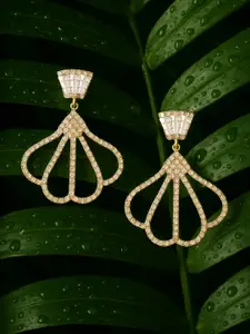 Rubans Rhodium Plated Cubic Zirconia Studded Fan-Shaped Dangle Earrings