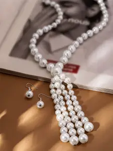 Rubans Silver Plated White Pearl Beaded Multi-Layer Long Statement Necklace Set