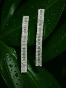Rubans Rhodium Plated Long Cubic Zirconia Studded Statement Drop Earrings