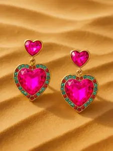 Rubans 18K Gold Plated Pink Heart Shape Crystal Zicronia & Multicolor Accent Drop Earrings