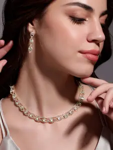 Rubans 18K Gold Plated AD & White Cubic Zirconia Studded Necklace and Earring Set