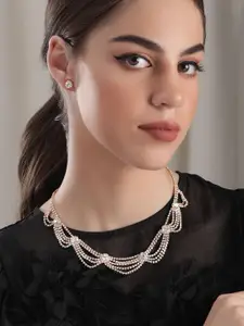 Rubans 22K Gold Plated Cubic Zirconia Studded Multi-Layer Statement Necklace Set