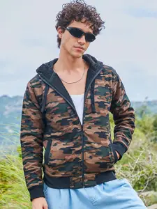 Campus Sutra Men Camouflage Printed Lightweight Hooded Open Front Jacket