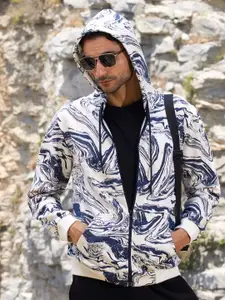 Campus Sutra Men Abstract Printed Hood Cotton Front-Open Sweatshirt