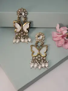 Niscka Rhodium-Plated Kundan Studded & Pearl Beaded Contemporary Drop Earrings