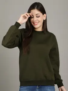 GRACIT Women Solid Round Neck Fleece Pullover Ribbed Sweatshirt