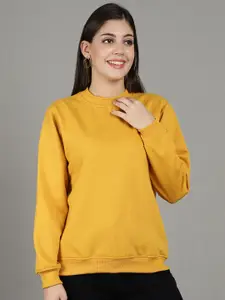 GRACIT Women Solid Round Neck Fleece Pullover Ribbed Sweatshirt