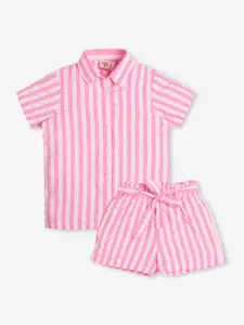 Ed-a-Mamma Girls Cotton Striped Shirt Collar Shirt with Shorts