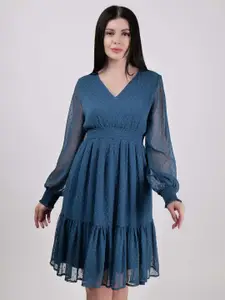 DRIRO Women Puff Sleeve Georgette Fit & Flare Midi Dress