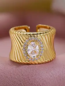 Rubans 18K Gold Plated Oval Cubic Zirconia Studded Adjustable Statement Ring