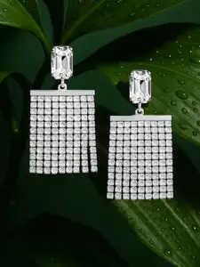 Rubans Silver-Plated Glamorous AD & Cubic Zirconia Studded Multilayered Drop Earrings