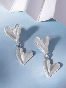 Rubans Rhodium-Plated Crystals AD and Zirconia Studded Double Heart Shaped Drop Earrings