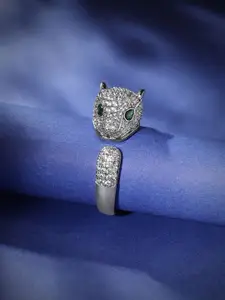 Rubans Rhodium Plated  Emerald & Cubic Zirconia Studded Panther Statement Ring