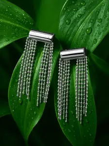Rubans Rhodium-Plated Long Tassel Drop Earrings with Sleek Chain Design