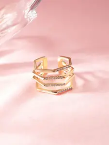 Rubans 18K Gold Plated Zirconia Studded Modern Geometric Layered Statement Ring