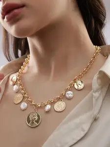 Rubans 18K Gold Plated Stainless Steel Tarnish Free Demi-Fine Coin & Pearl Necklace