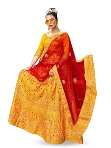 Maroosh Women Embroidered Thread Work Unstitched Lehenga & Blouse With Dupatta
