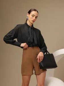 Chemistry Tie-Up Neck Semi Sheer Formal Shirt