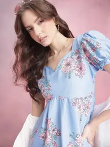 DressBerry Floral Print Puff Sleeves Midi Fit & Flare Dress