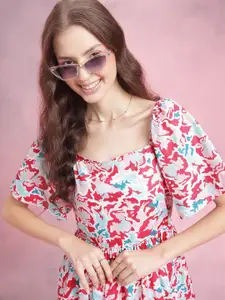 DressBerry Floral Print Pleated Midi A-Line Dress