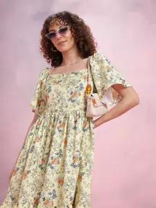 DressBerry Floral Print Flared Sleeve A-Line Midi Dress