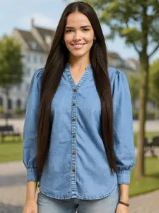 DressBerry Women Classic Mandarin Collar Solid Denim Casual Shirt