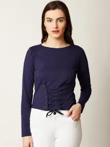 Miss Chase Women Navy Blue Solid Pure Cotton Top
