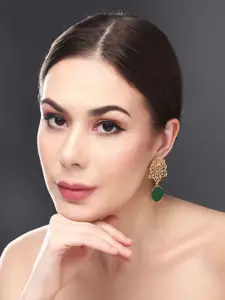 Anvik Gold Plated Stone Studded Leaf Shaped Drop Earrings