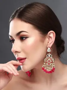 Anvik Gold Plated Artificial Stones & Beads Studded Contemporary Drop Earrings