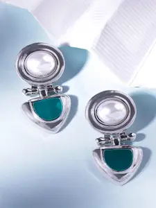 Rubans Rhodium-Plated Statement Stud Earrings with Green Stone & Pearl Detailing