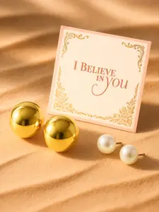 Rubans Set of 2 Gold-Plated Circular White & Gold Pearl Stud Earrings