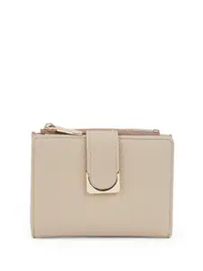 Globus Women Khaki Textured Bi-Fold Wallet with Zip Coin Pocket