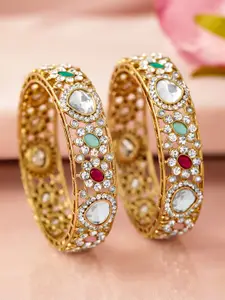 Rubans Set of 2 18K Mehandi Gold-Plated Multi-Colored Kundan & Cubic Zicronia Stone Bangle
