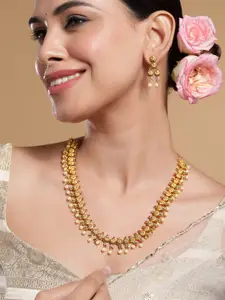 Rubans 22K Gold-Plated Ruby &Emerald-Studded Temple Necklace Set with Pearl Beaded Drops