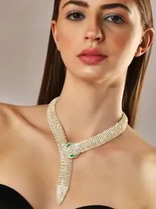 Rubans 22K Gold-Plated Emerald & Cubic Zirconia Studded Serpent Statement Necklace