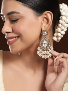 Rubans 18K Mehandi Gold-Plated White Kundan, Zicronia & Pearl Traditional Chanbali Earring