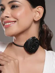 Rubans Elegant Black Satin Rose Choker Necklace - Bold Statement Piece for Every Look
